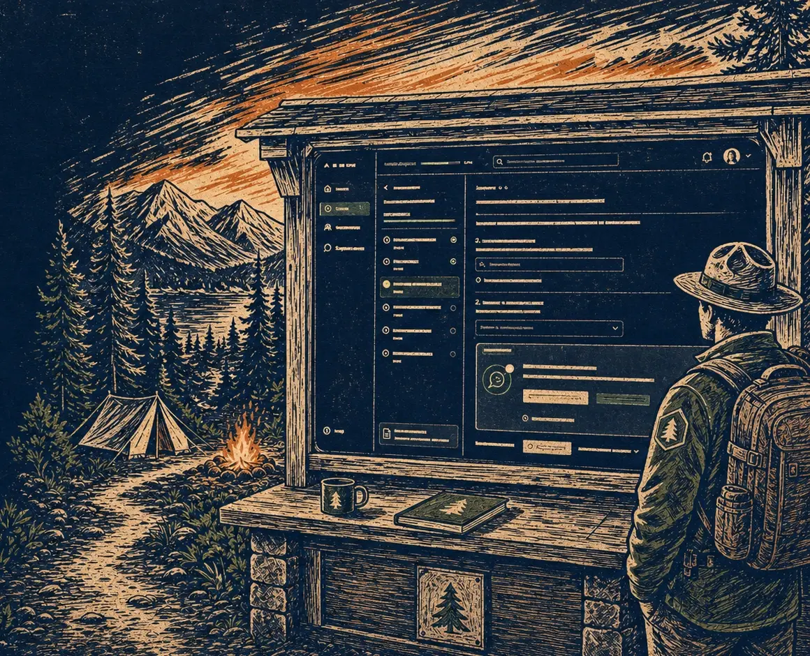 Linocut field print: a builder at a trailhead board running a live agent workspace, tent and campfire behind